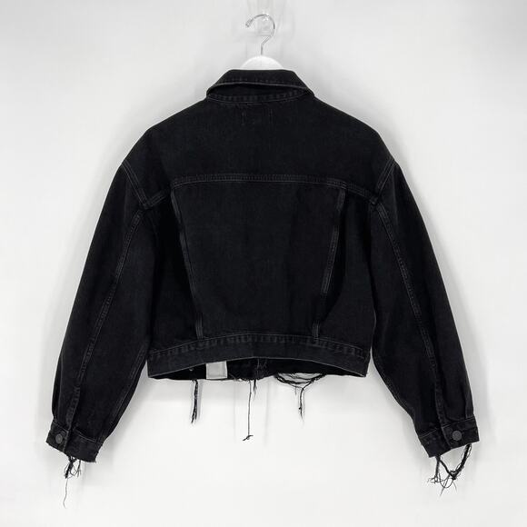 AGOLDE Shrunken Charli Black Denim Jacket Jagged Raw Hem Distressed Size Small - Picture 6 of 6